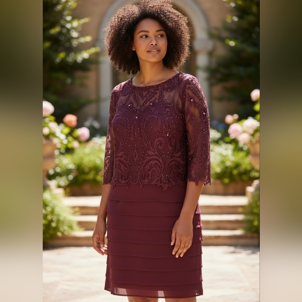 JJs House Embroidered Beaded Tiered Dress Burgundy Cabernet Mother Of Bride